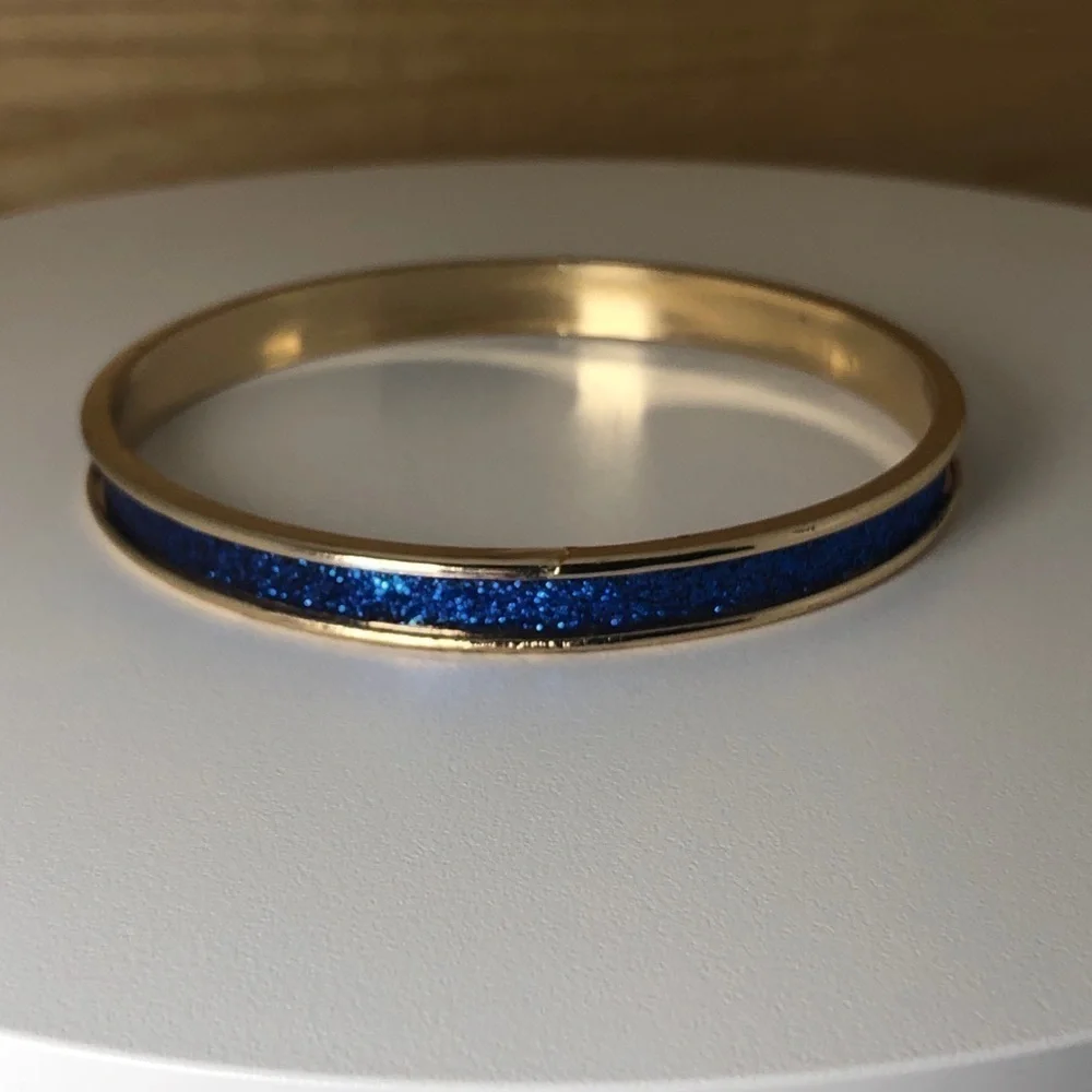 Blue Glitter Gold Tone Metal Bangle Bracelet